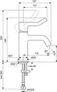 Wascharmatur von Ideal Standard mit einem langen Griff, in einer gebürsteten Goldfarbe, dargestellt in technischer Zeichnung mit verschiedenen Maßen und Anschlussdetails.